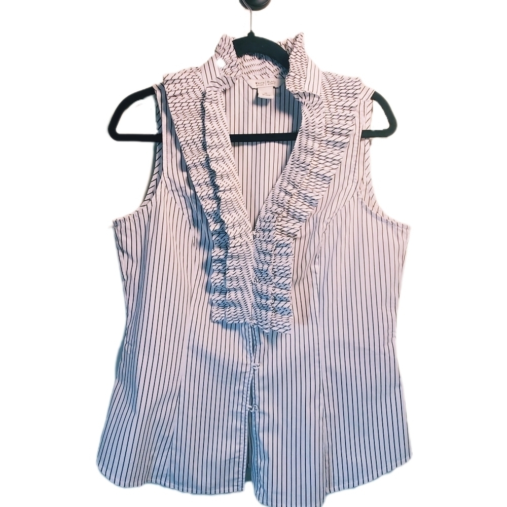 WHITE HOUSE BLACK MARKET Pinstripe Tailored Ruffle Blouse Sleeveless Size 12 EUC